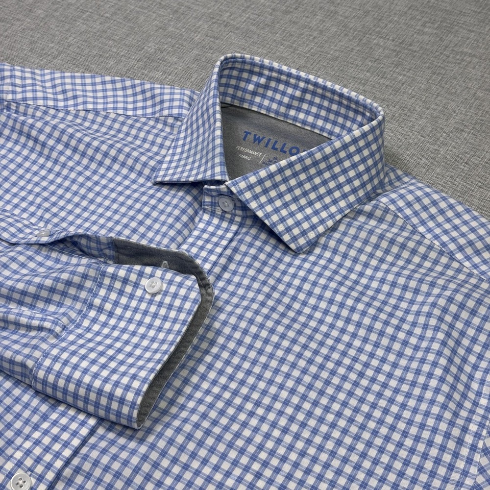 Twillory Dress Shirt Mens 16 34/35 Blue Gingham Point Collar Slim Fit Business
